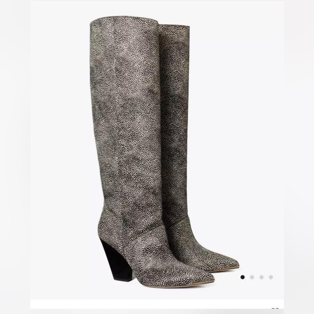 $628 NEW TORY BURCH SZ 6 LILA CALF HAIR KNEE BOOTS BLACK WHITE BRAZIL LEATHER